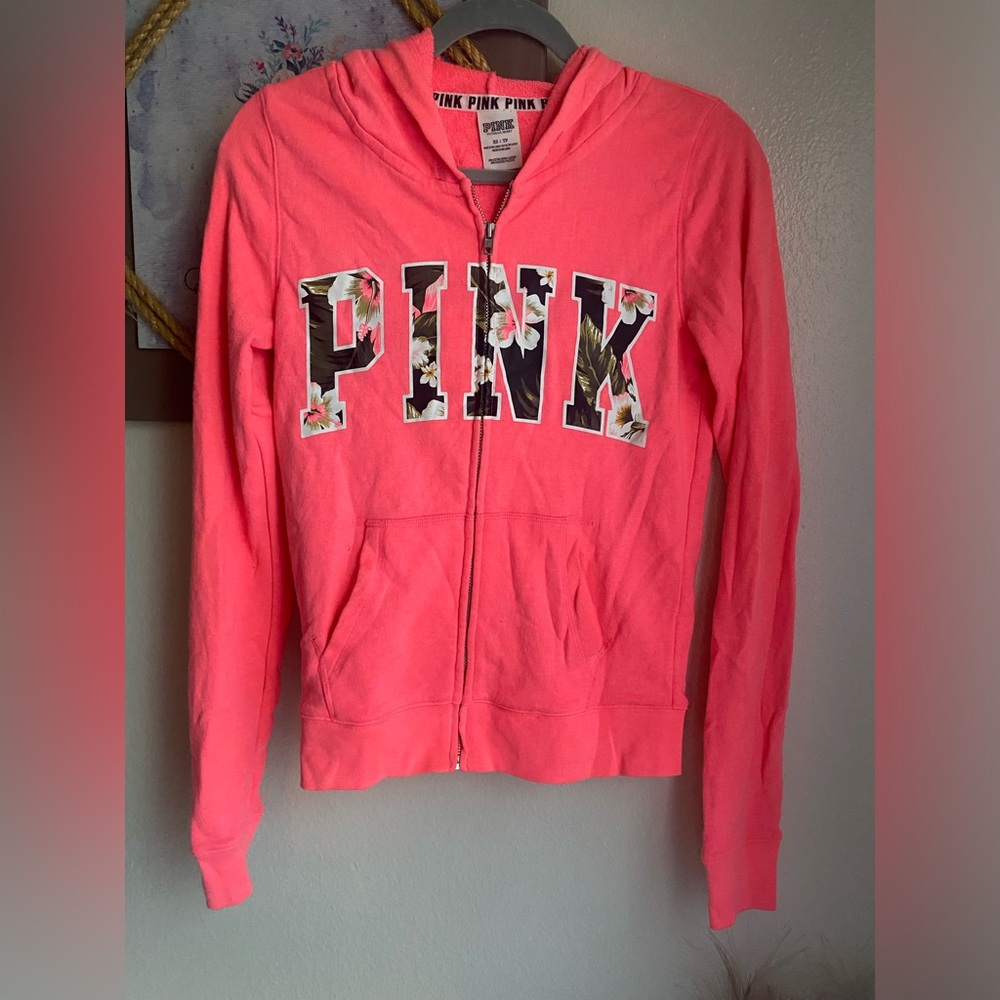 VS Pink Neon coral zip up hoodie w/tropical print